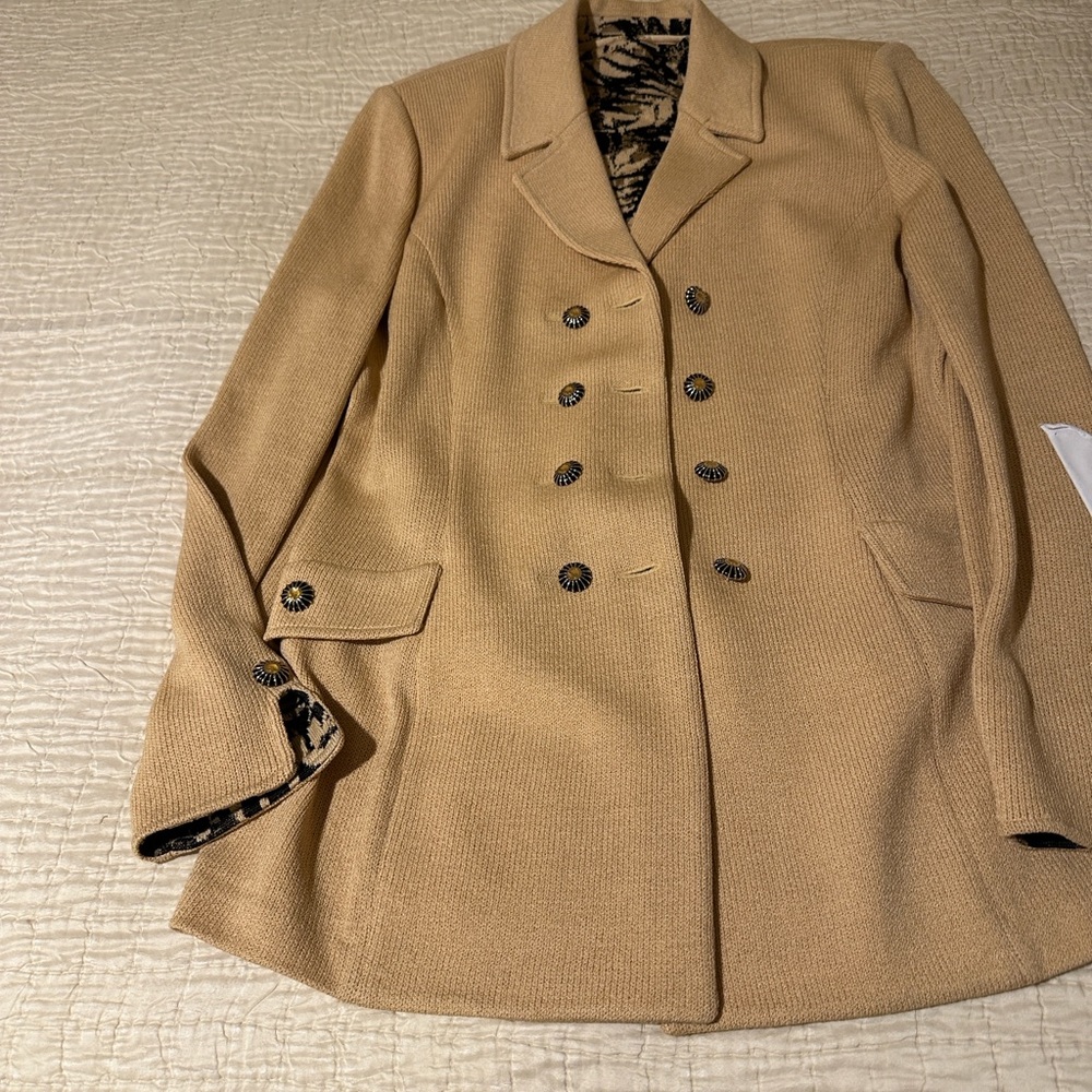 St. John Collection Camel Double-Breasted Blazer with leopard print shell.